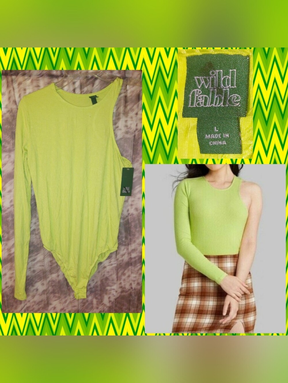 Wild Fable Bright Lime Green 1-Sleeve Asymmetrical Ribbed Knit Bodysuit Sz Large